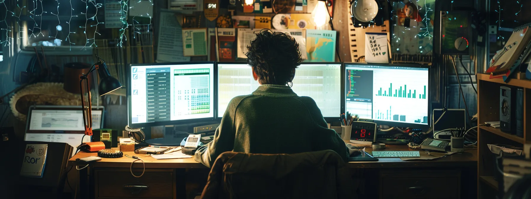 a person sits at a cluttered desk, surrounded by various productivity tools and a digital calendar, diligently scheduling tasks and optimizing their investment strategy.