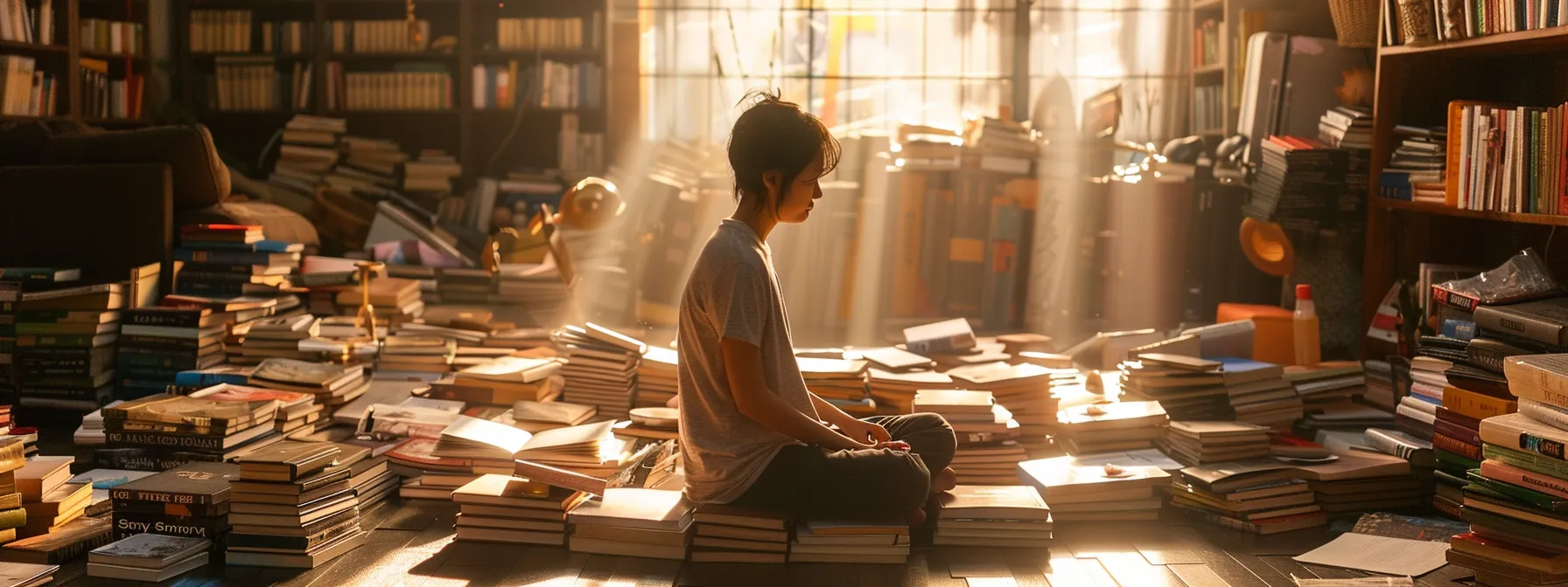 a person sits in a sunlit room, surrounded by stacks of books on wealth creation, with a radiant glow of understanding and hope on their face.