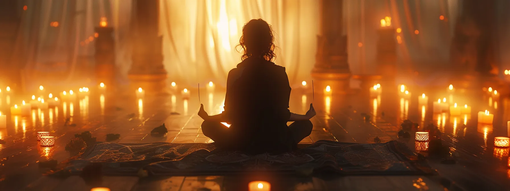 a person sits in peaceful meditation, surrounded by flickering candles and incense, chanting the om hreem namah mantra with deep focus and intention.