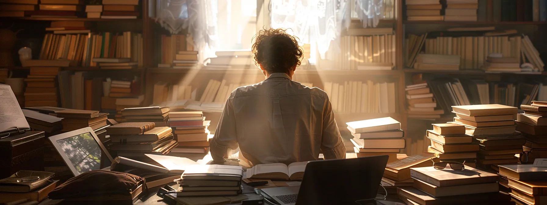 a person sitting at a desk surrounded by books, notes, and a laptop, showing dedication to continuous learning and growth.