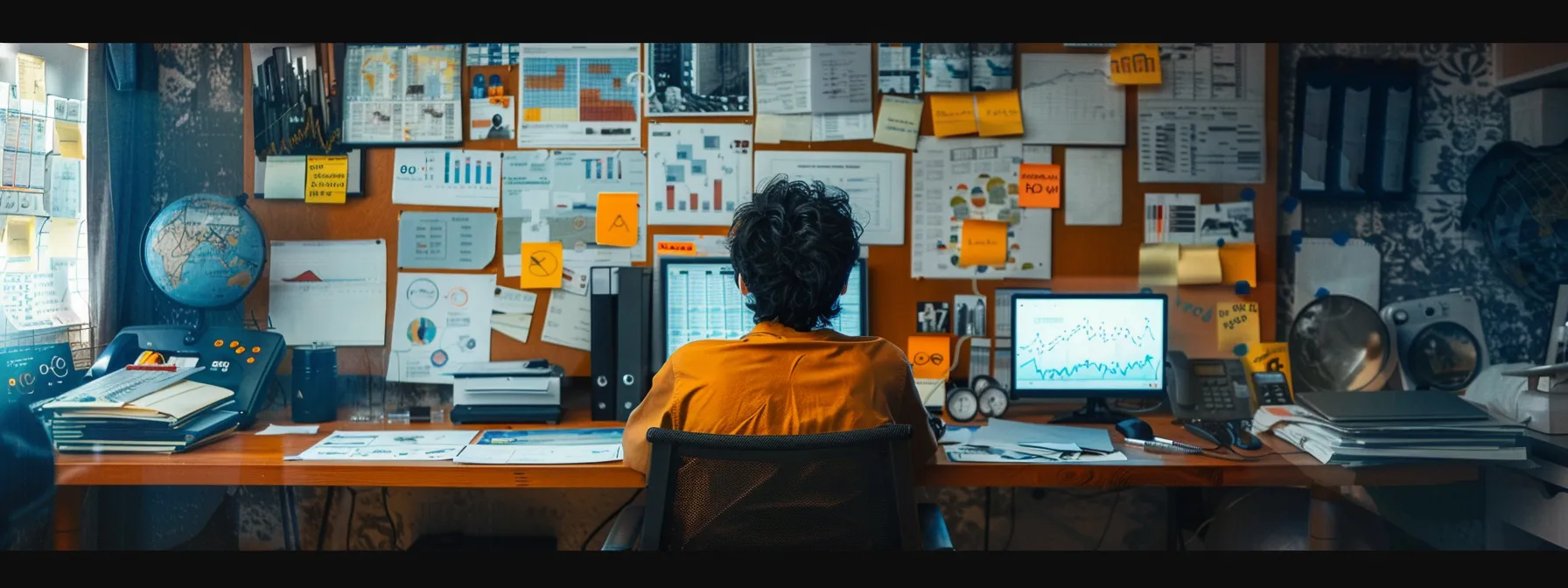 a person sitting at a desk with a vision board filled with images of financial success and goals, surrounded by charts and graphs tracking progress towards wealth objectives.