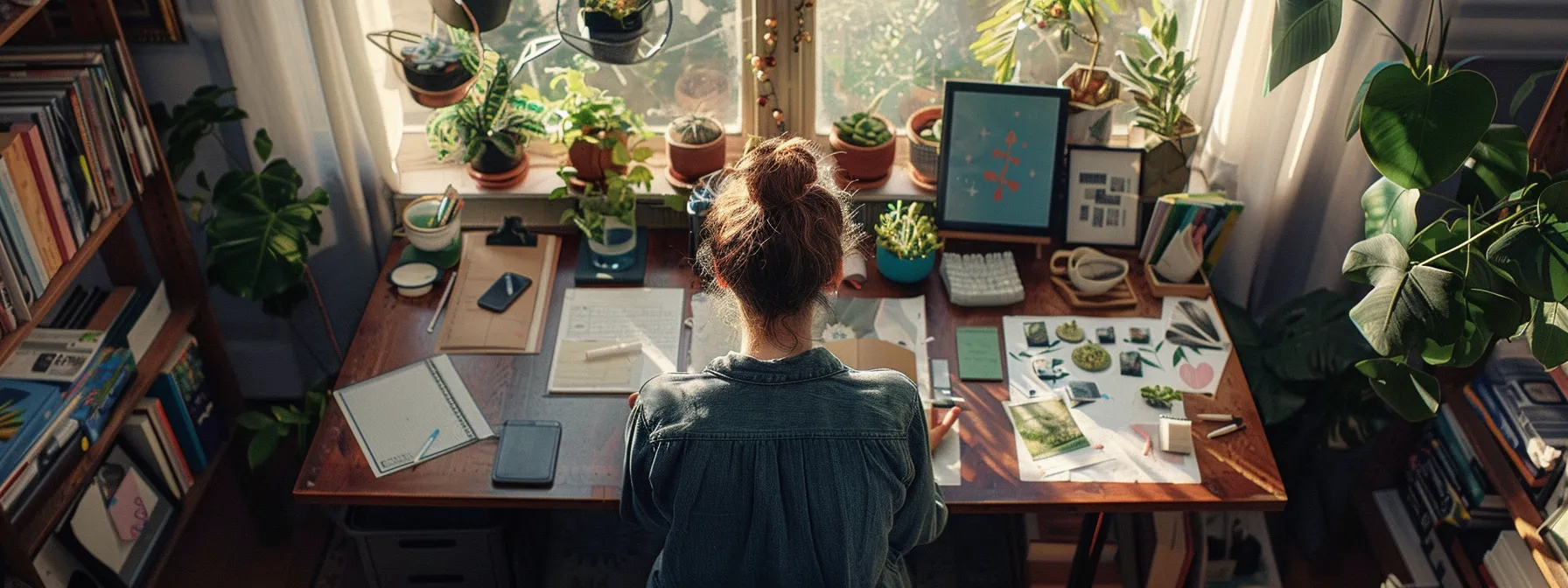 a person sitting at a desk surrounded by a vision board, meditating with a clear mind, and journaling progress towards financial goals.