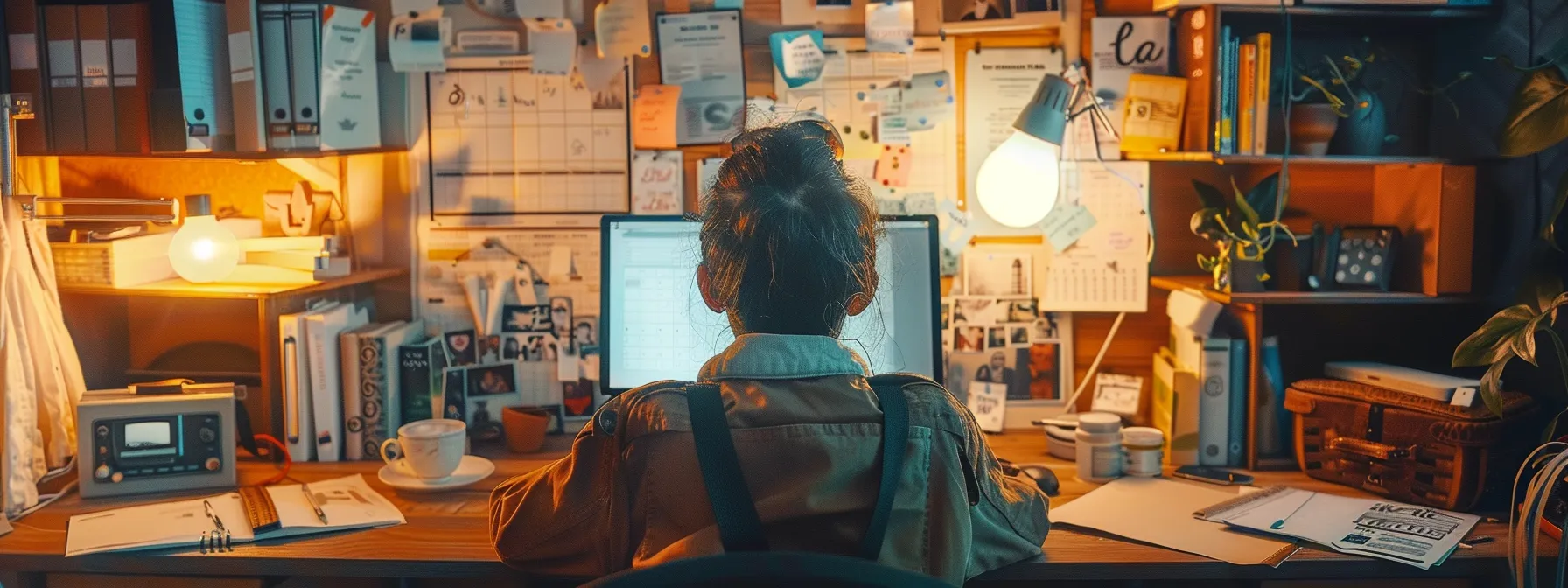 a person sitting at a desk with a vision board full of financial goals, surrounded by motivational quotes and a calendar marking daily progress toward abundance.