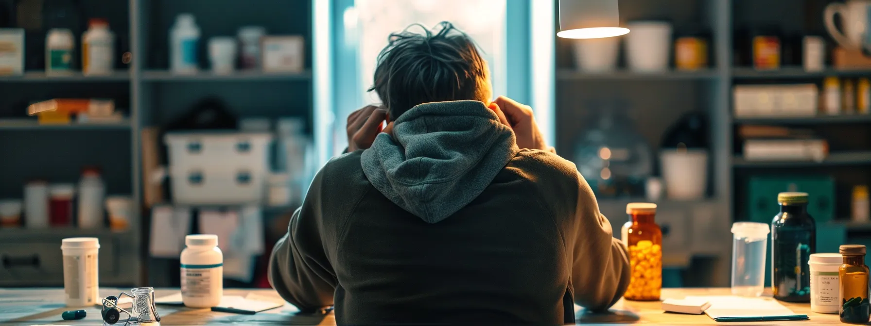 a person sitting at a desk, surrounded by empty coffee cups and pill bottles, looking contemplative as they reflect on their daily habits.