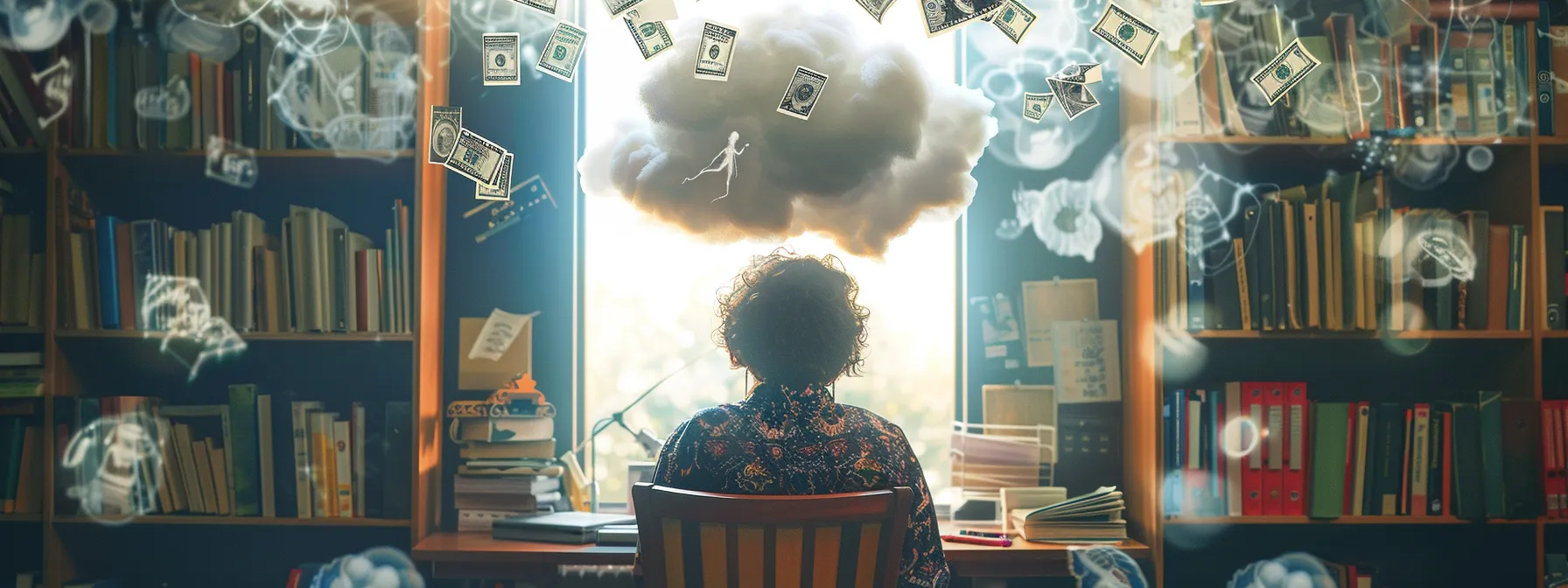 a person sitting at a desk, surrounded by books on mentorship, imagination, and intuition, with a thought bubble filled with dollar signs above their head.