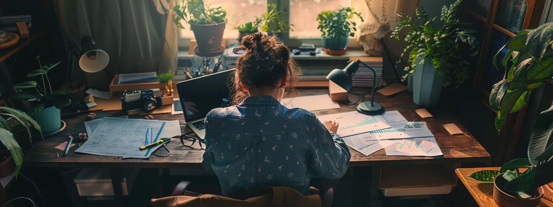 a person sitting at a desk surrounded by charts, graphs, and financial tools, closely monitoring their budget and adjusting their financial goals as needed.