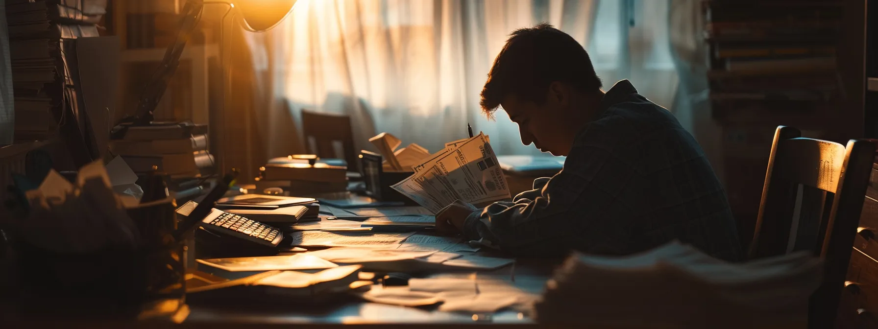 a person sitting at a desk, surrounded by bills, bank statements, and a calculator, deep in thought while evaluating their financial situation and planning ahead.