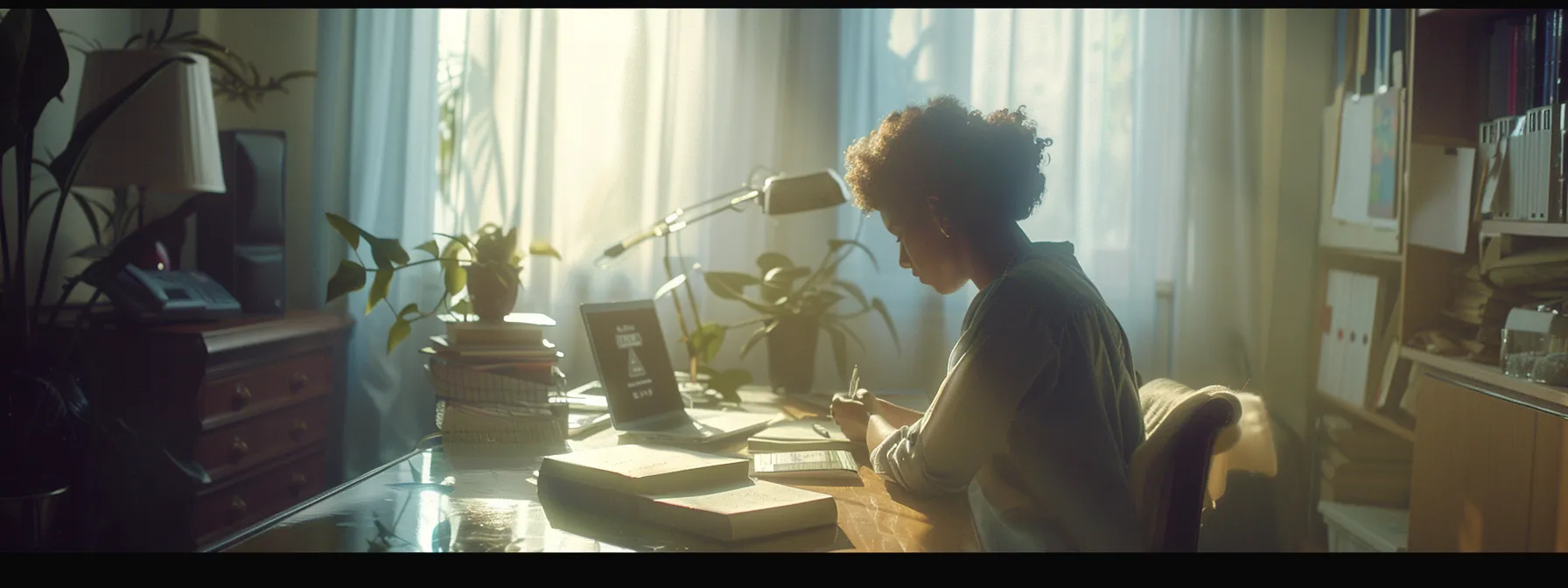 a person sitting at a desk with a journal, reflecting on their progress and setting intentions for future growth.