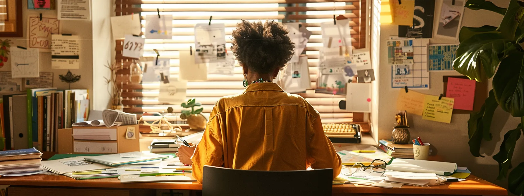 a person sitting at a desk surrounded by vision boards and affirmations, visualizing their financial goals with a determined expression.