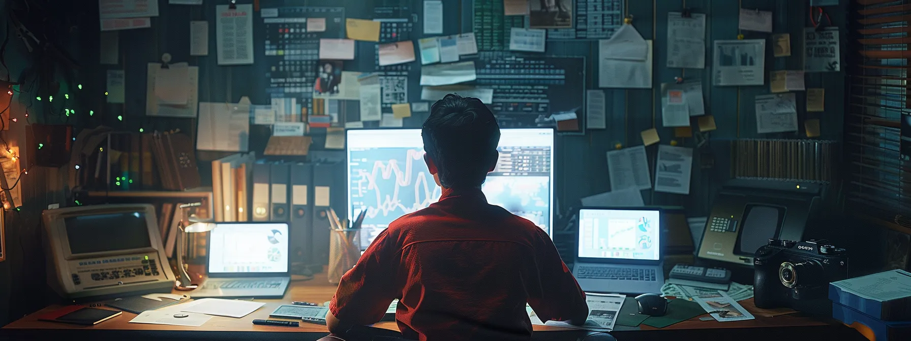 a person sitting at a desk, surrounded by financial planning tools and charts, visualizing their wealth-building goals with determination in their eyes.