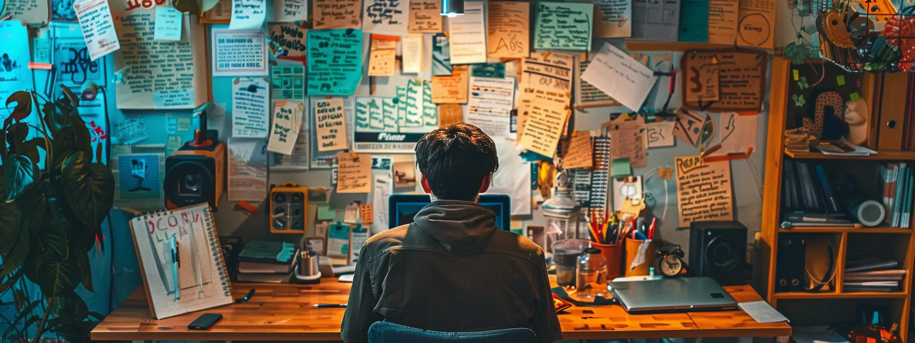 a person sitting at a desk surrounded by colorful affirmations and a vision board, visually embodying the practice of implementing the law of attraction in daily life.