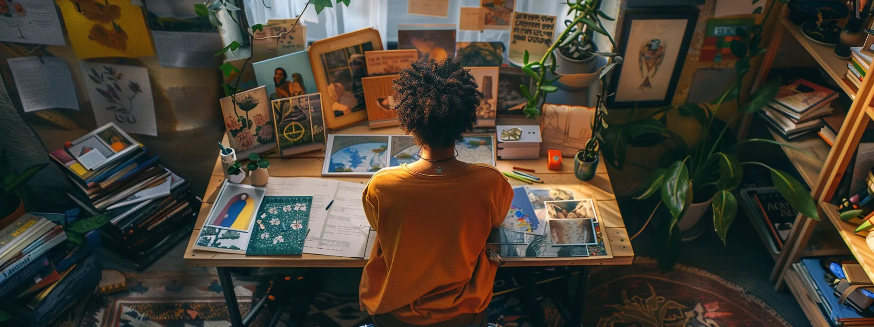 a person sitting at a desk, surrounded by vision boards, journals, and books on wealth and personal growth, symbolizing the integration of abundance practices into daily life.