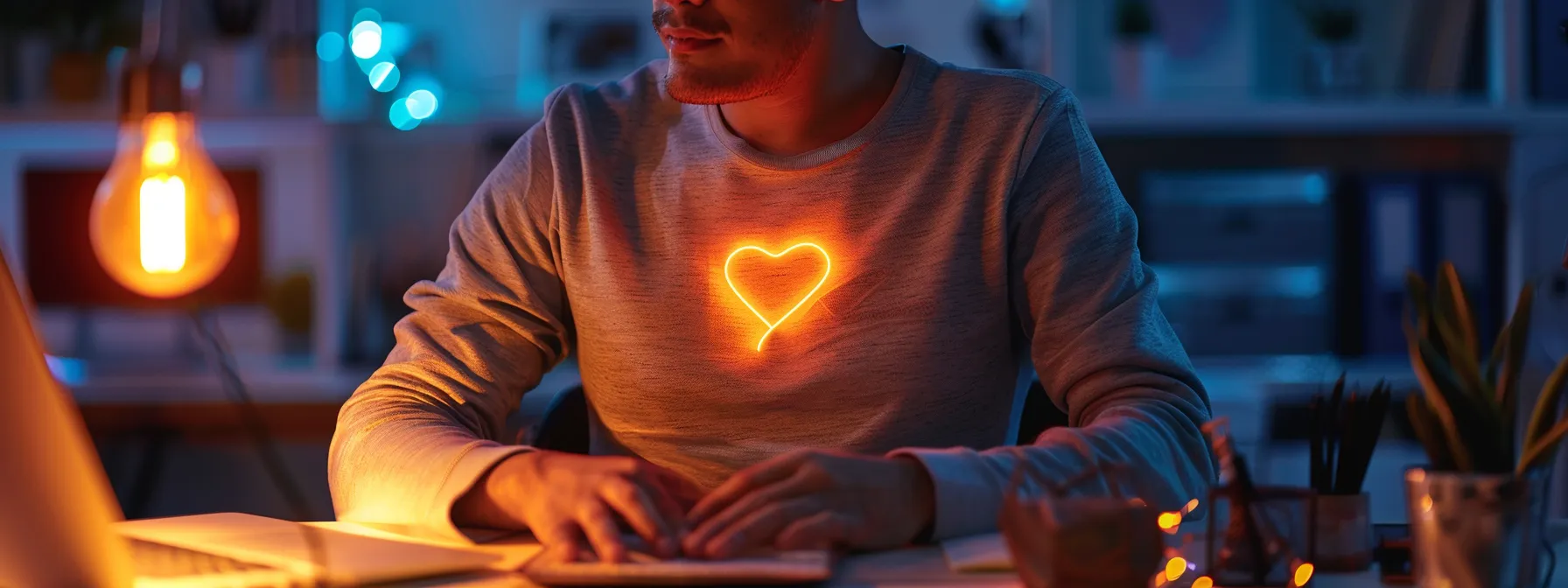 a person sitting at their desk at work, using heartmath techniques to regulate their heart rate and manage workplace stress, with a soft glow emanating from their chest symbolizing emotional awareness and compassion.