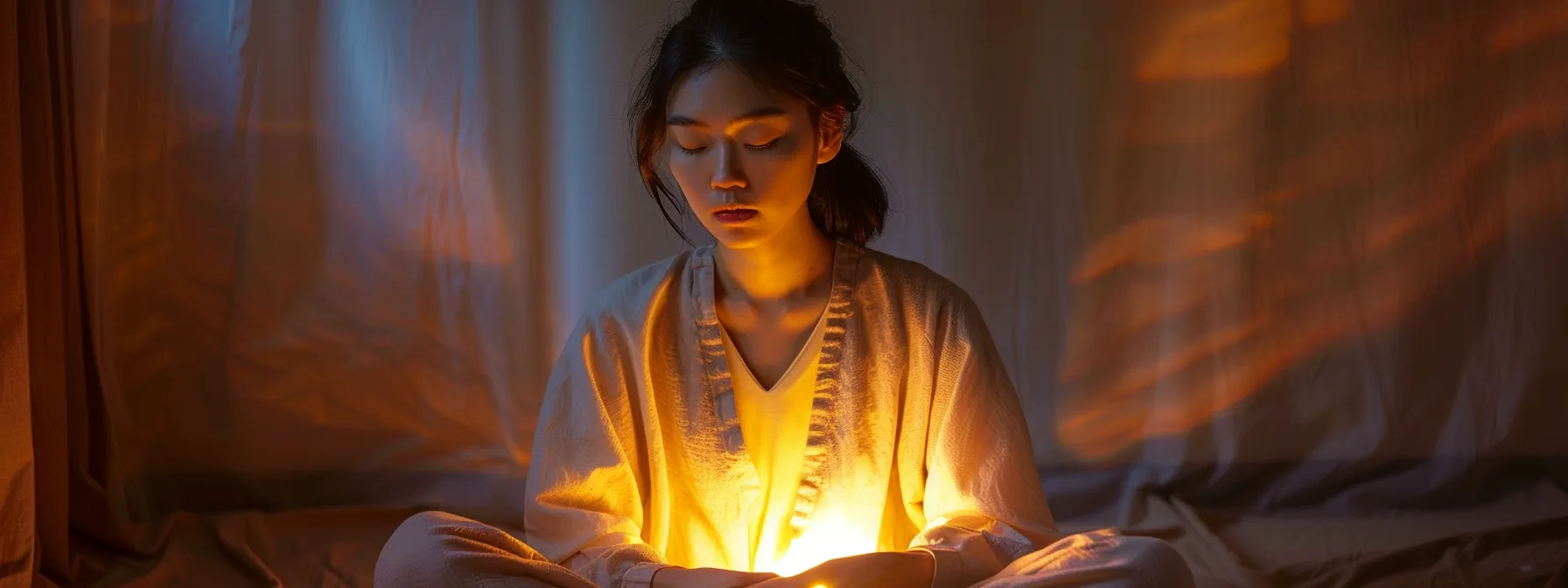 a person sitting cross-legged, eyes closed, with a serene expression, hands gently resting on their heart, surrounded by a soft, glowing light.