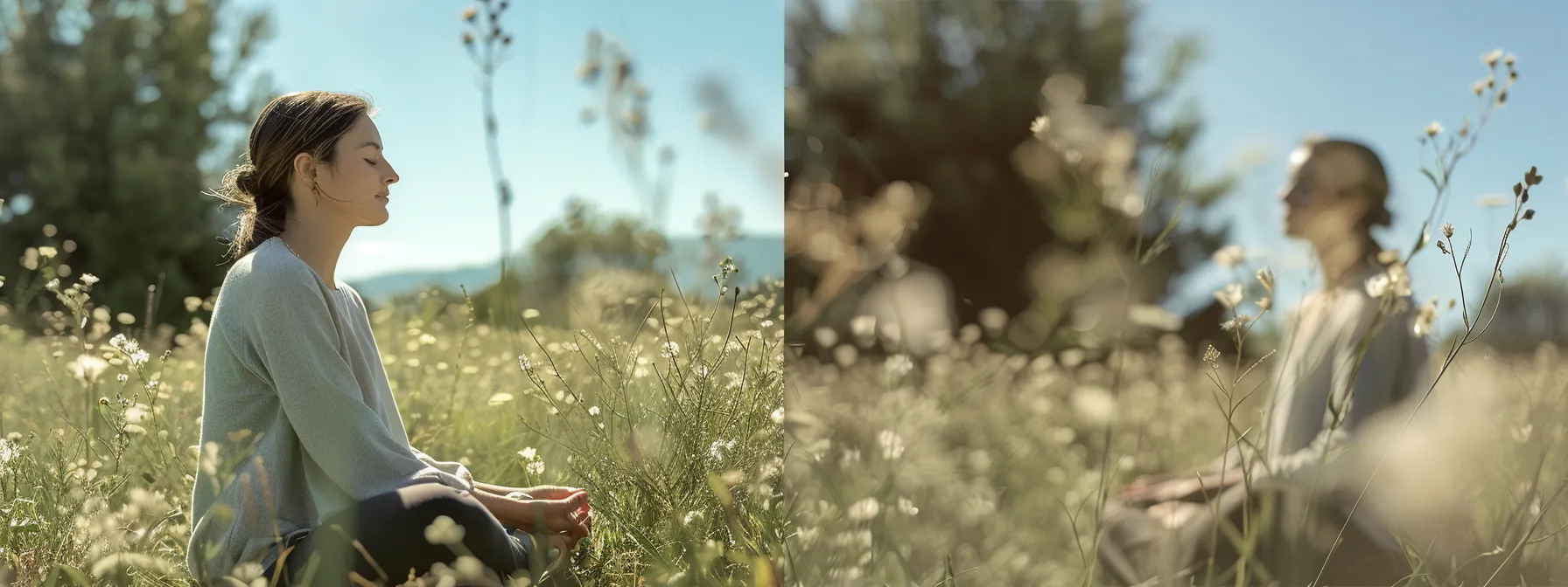 a person sitting cross-legged in a peaceful meadow, eyes closed and serene, practicing controlled breathing for immediate calm.