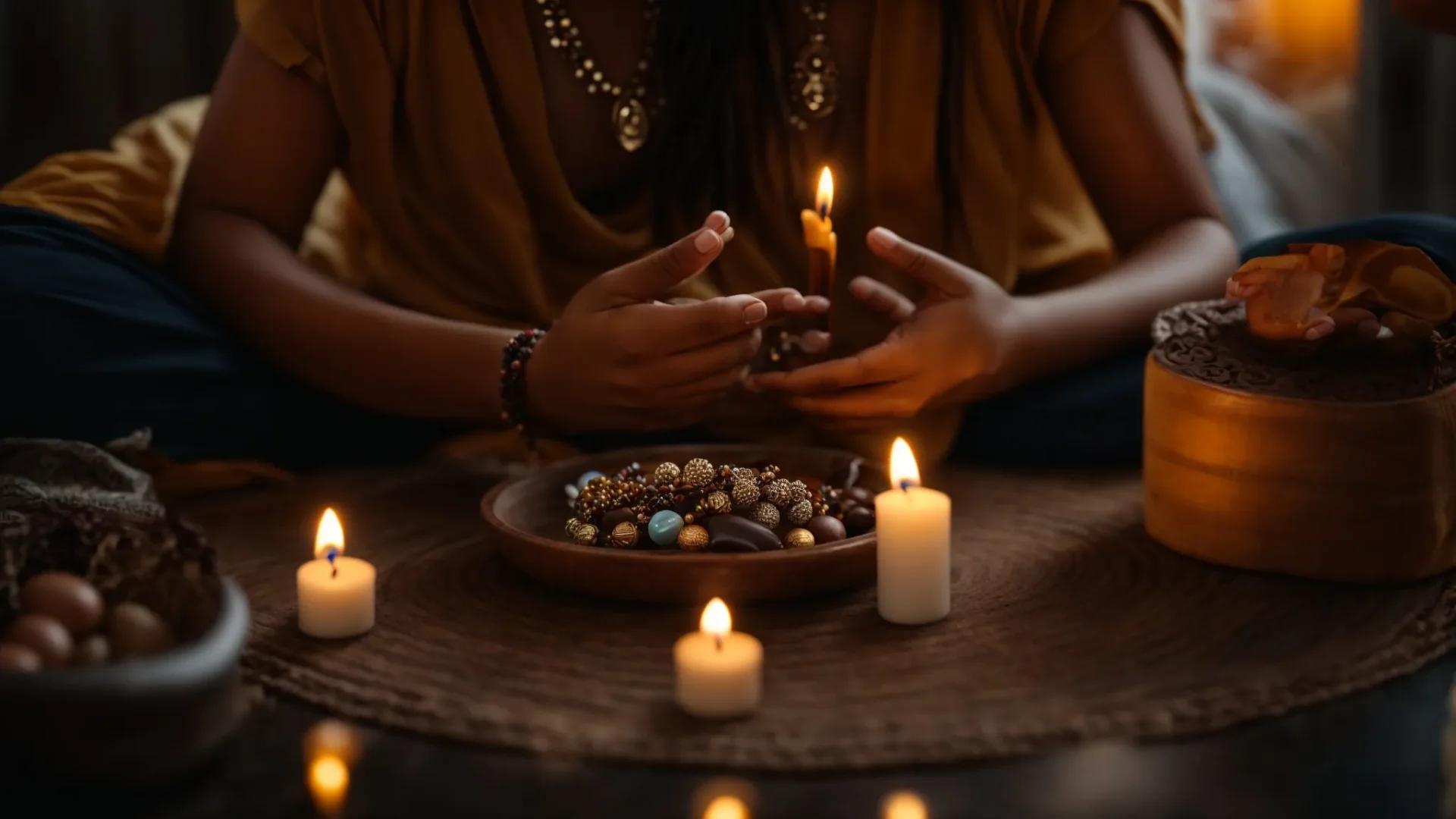 a person sitting cross-legged in a peaceful, candlelit room, surrounded by sacred items and holding a beautiful nine mukhi rudraksha necklace.