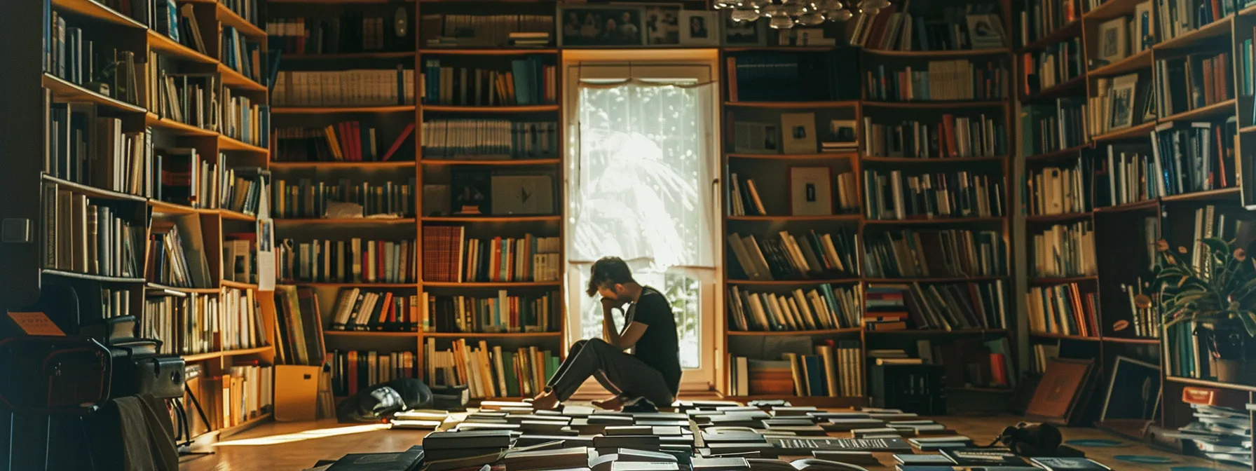 a person sitting in a bright, serene room surrounded by shelves filled with books on personal development and success, deep in thought with a look of concentration and determination on their face.