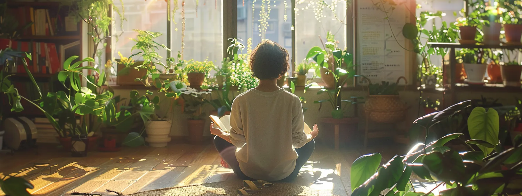 a person sitting in a calm, sunlit room surrounded by plants, meditating with a focused expression and a journal open in front of them, symbolizing mindfulness and financial goal tracking for continuous mindset development.