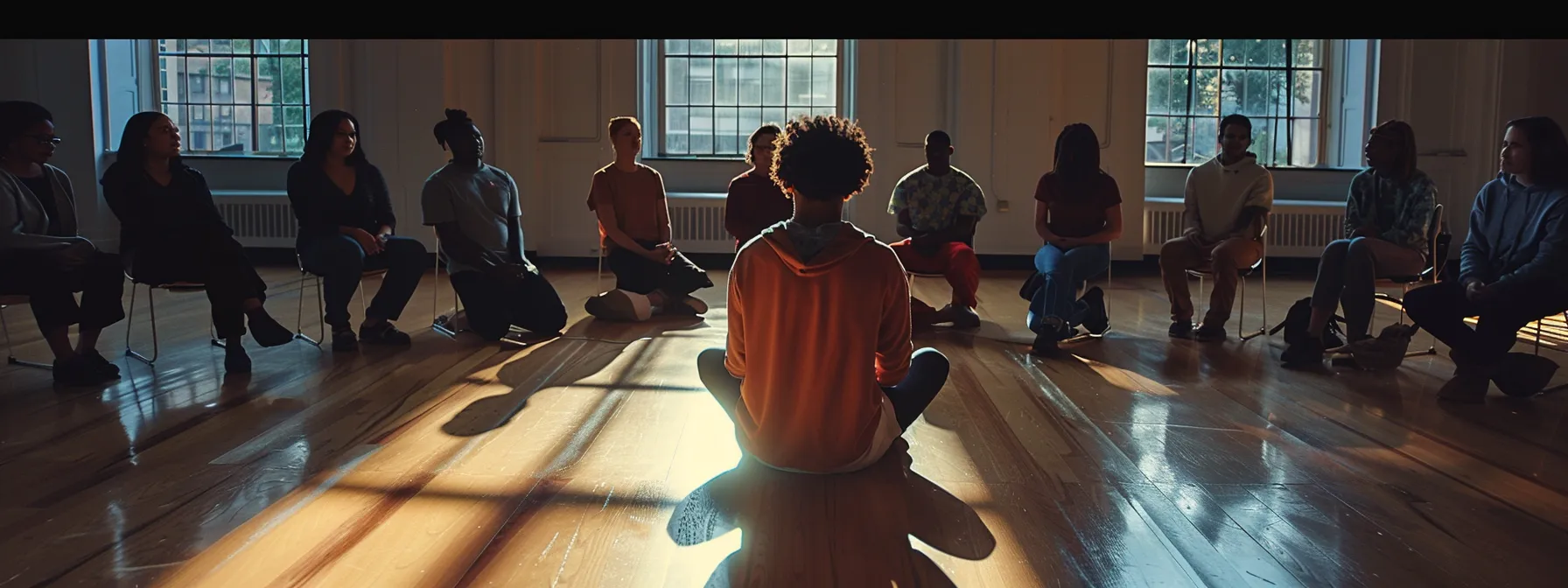 a person sitting in a circle with a diverse group of mental health professionals, engaging in a collaborative discussion with a calming and supportive atmosphere.