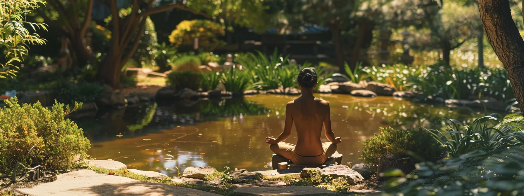 a person sitting in a peaceful garden, practicing deep breathing exercises to manage stress and regain balance.