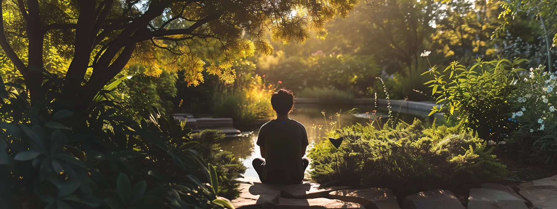 a person sitting in a peaceful garden, customizing heartmath techniques to their own emotions, surrounded by calming nature to promote relaxation and healing.