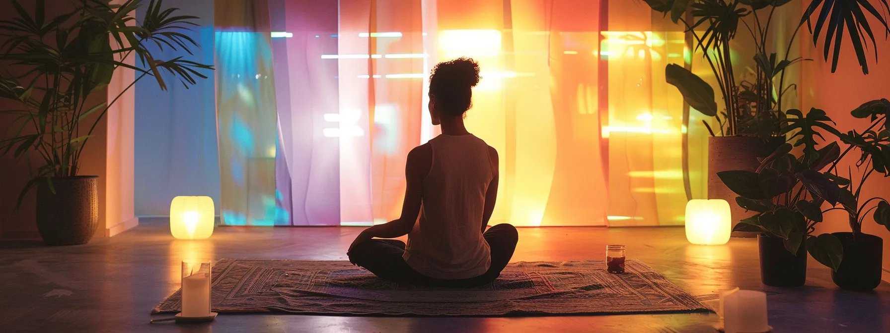 a person sitting in a peaceful workshop surrounded by colorful visuals and engaging with a certified psych-k facilitator.