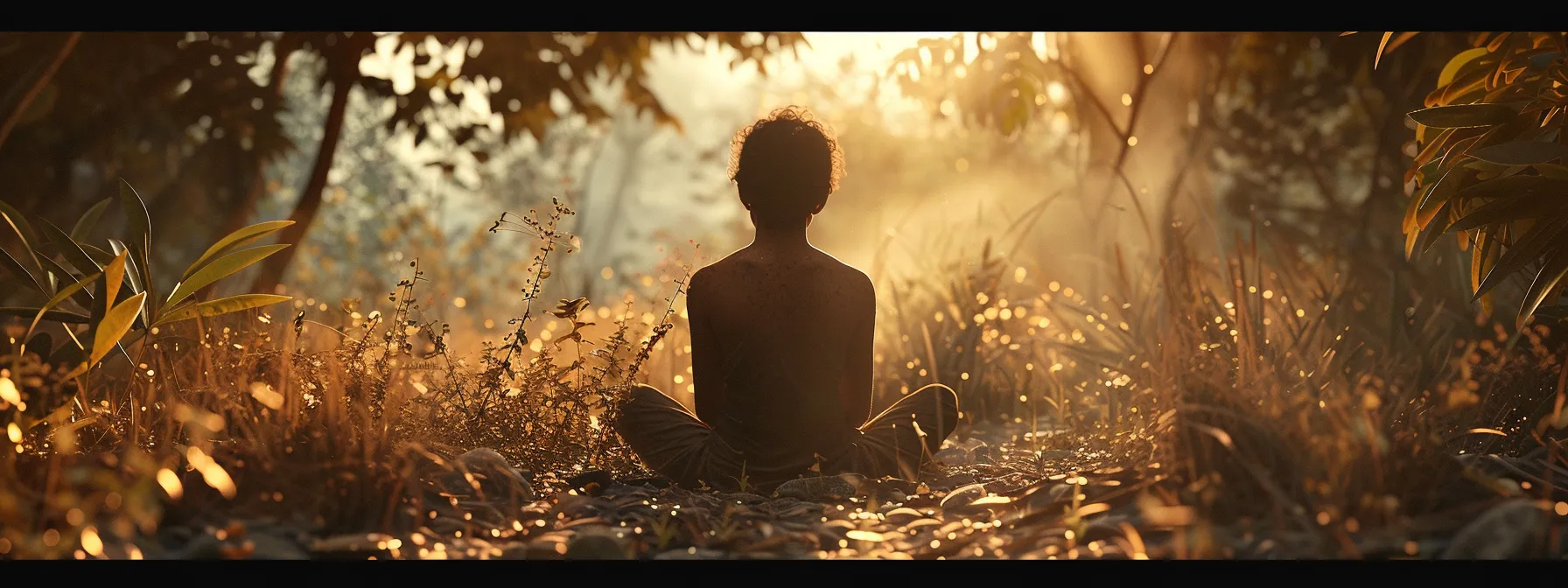 a person sitting in a peaceful, meditative posture surrounded by calming nature, with a serene expression reflecting inner healing and well-being.