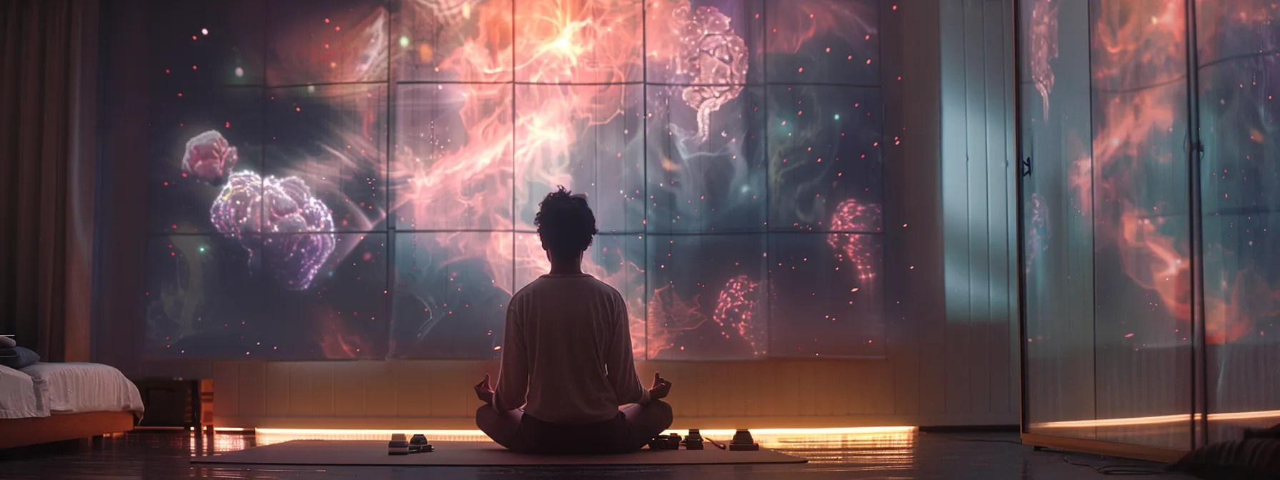 a person sitting in a serene room, practicing mindfulness meditation, surrounded by visual representations of dopamine pathways and the nucleus accumbens on the walls.