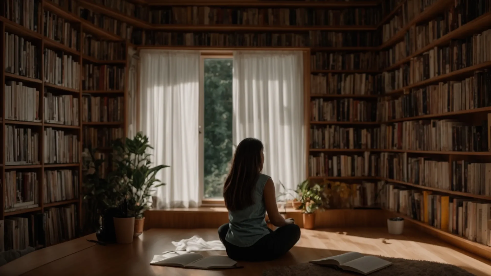 a person sitting in a serene room, surrounded by inspiring books and notebooks, setting clear intentions for their journey with sexual transmutation.