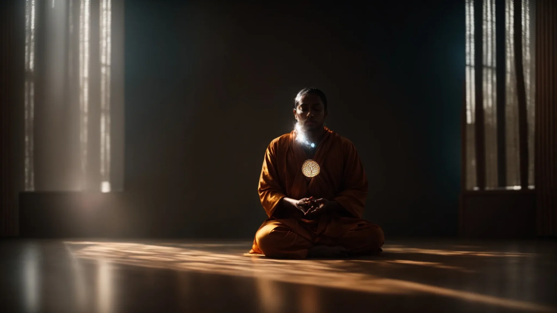 a person sitting in deep meditation, surrounded by glowing energy, reciting the beej mantra for their nine mukhi rudraksha bead.