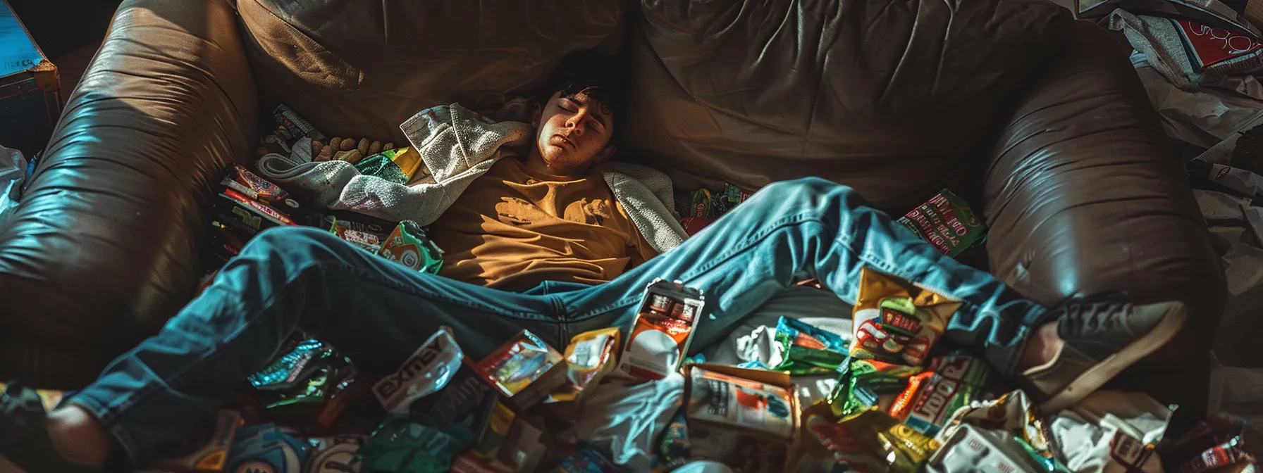 a person sitting on a couch, surrounded by empty junk food wrappers and looking overwhelmed, showcasing the impact of stress on unhealthy habits.