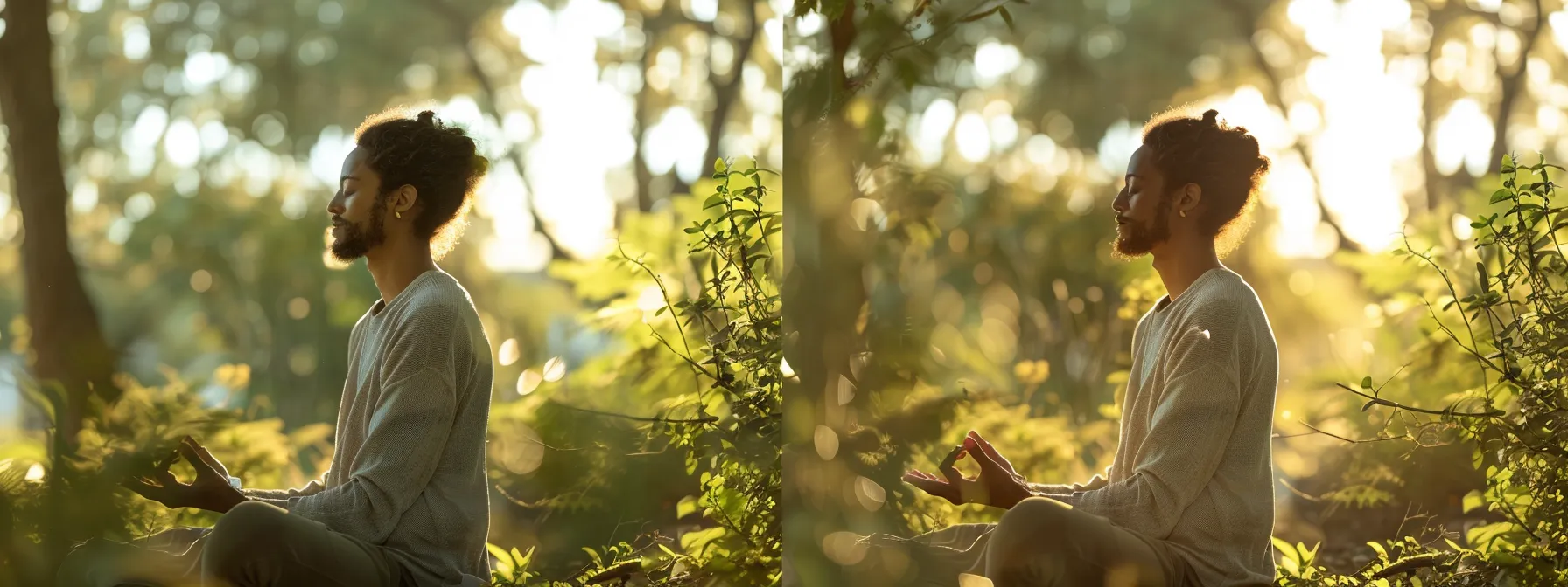 a person sitting peacefully, eyes closed, practicing heartmath breathing techniques in a serene setting surrounded by nature.