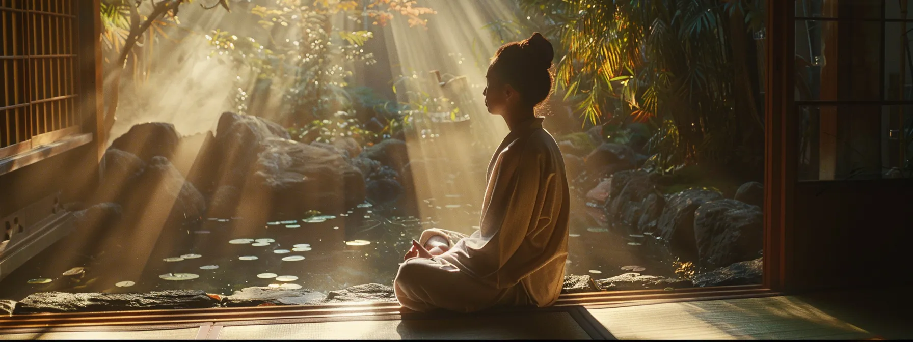 a person sitting peacefully, eyes closed, practicing heart-focused breathing in a serene natural setting.