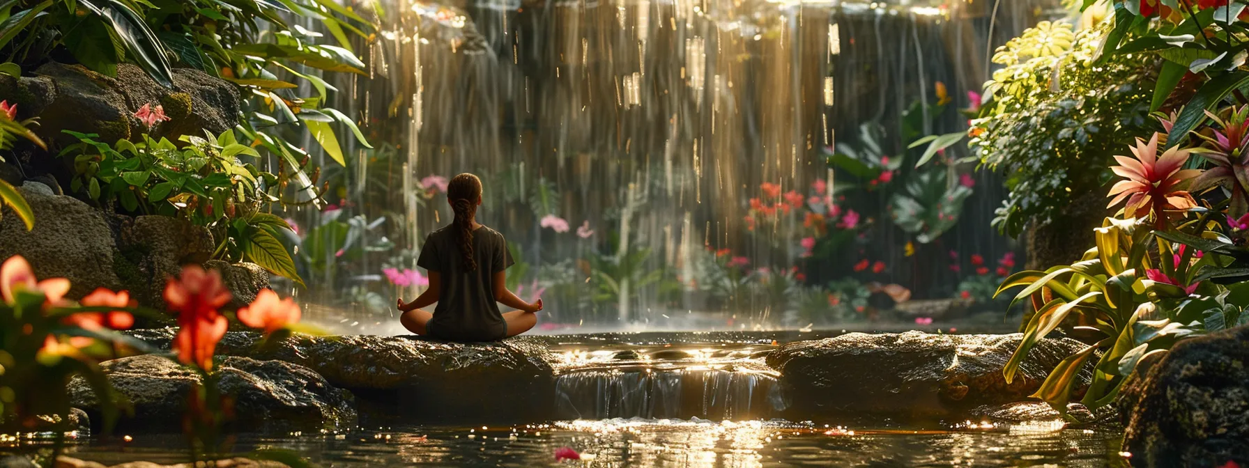 a person sitting peacefully in a lush garden, eyes closed in deep meditation, surrounded by vibrant flowers and flowing streams.