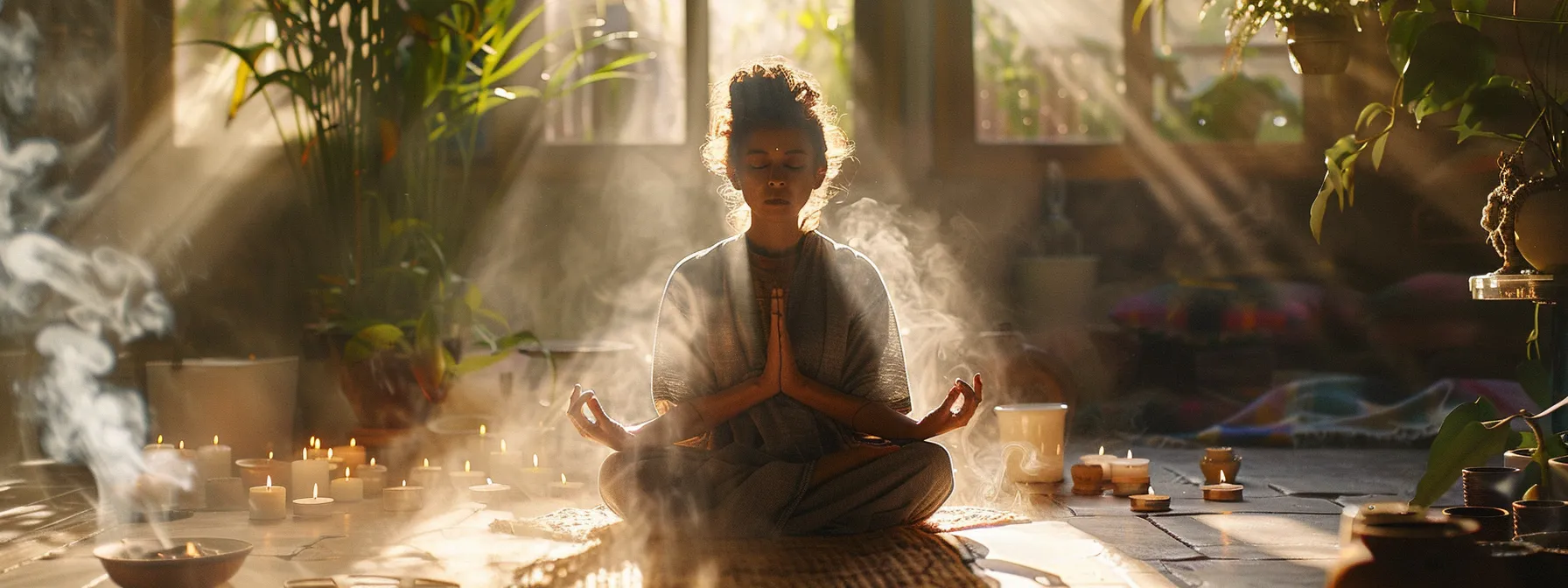 a person sitting peacefully in a sunlit room, surrounded by candles and incense, chanting the om hreem namah mantra with closed eyes and a focused expression.