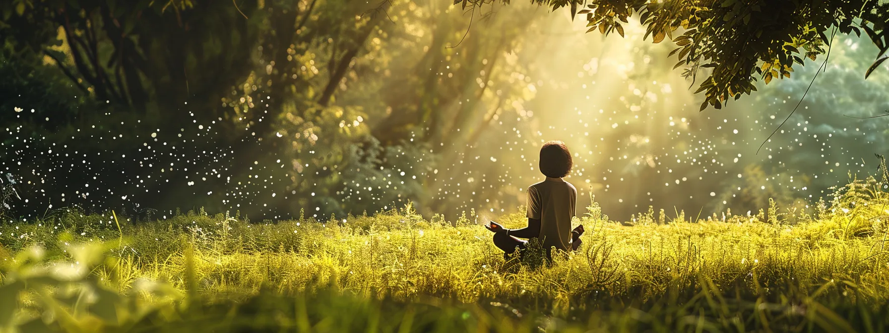 a person sitting peacefully in a lush meadow, radiating energy and serenity while practicing heart coherence meditation.