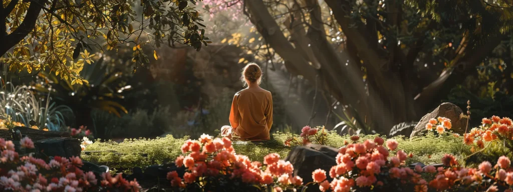 a person sitting peacefully in a serene garden, surrounded by blooming flowers and a gentle breeze, practicing heartmath techniques for trauma recovery.