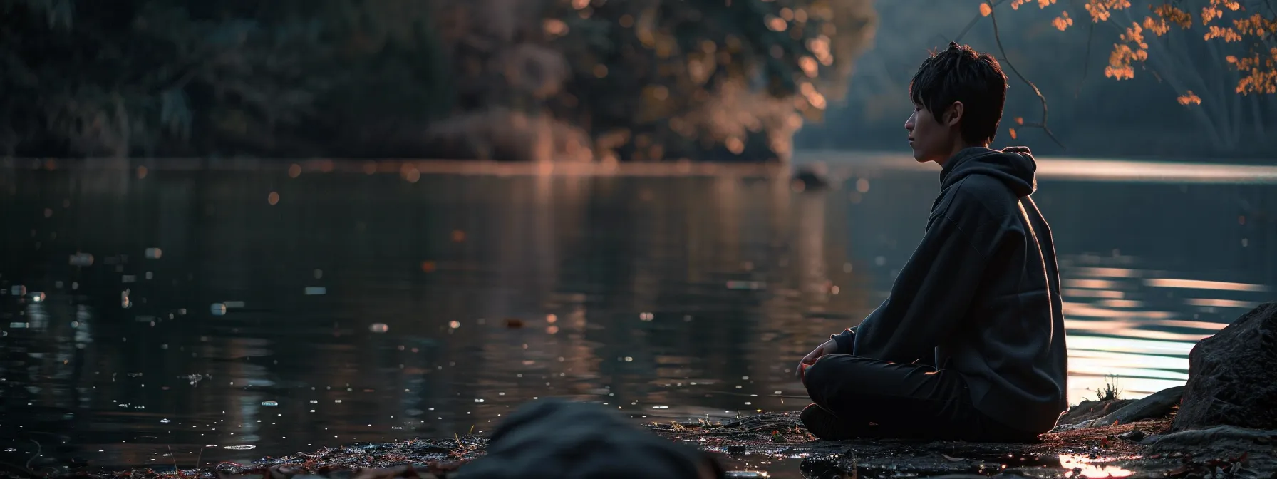 a person sitting peacefully in a serene, nature-filled setting, eyes closed in deep reflection, surrounded by the calming presence of mindfulness.