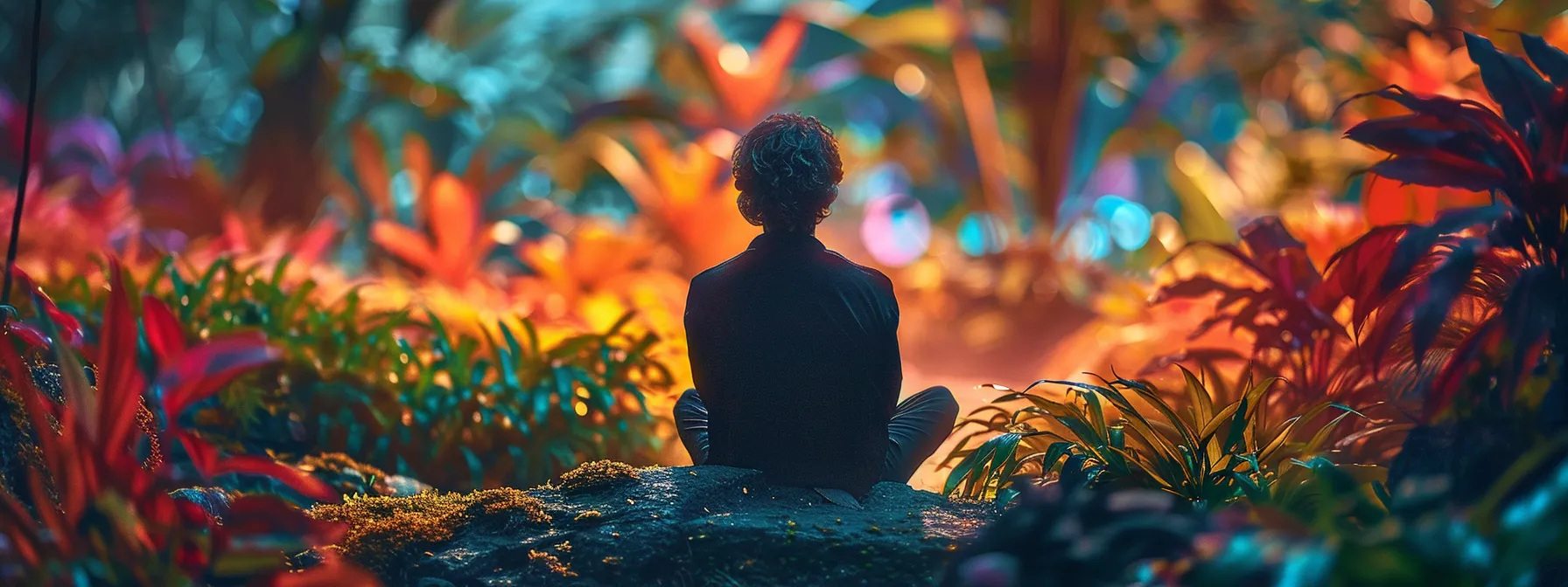 a person sitting peacefully in nature, surrounded by vibrant colors and serene beauty, practicing the heartmath coherence technique to improve mental and physical well-being.