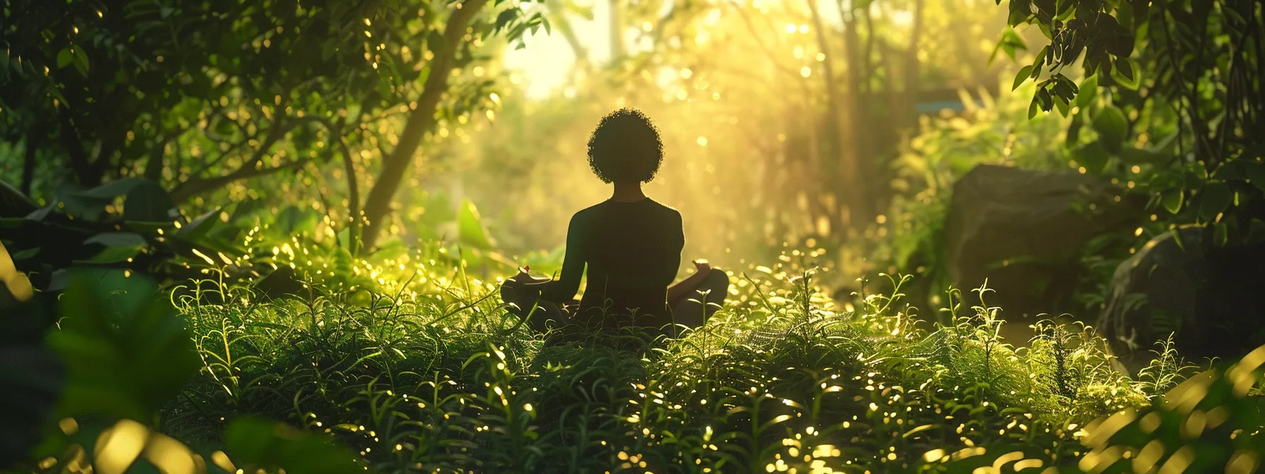 a person sitting peacefully in nature, surrounded by lush greenery, using a heart rate monitor while practicing heartmath techniques for stress relief.