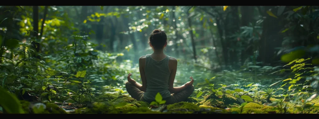 a person sitting peacefully in nature, surrounded by vibrant greenery and calmly focusing on their heart.