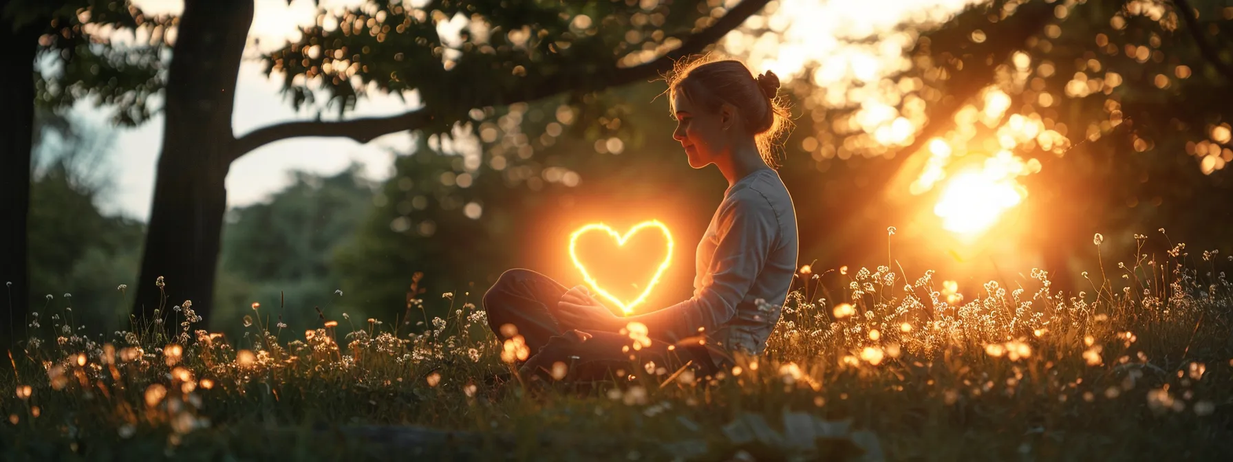 a person sitting peacefully, surrounded by serene nature, with a glowing heart symbolizing heart coherence and balanced hrv.