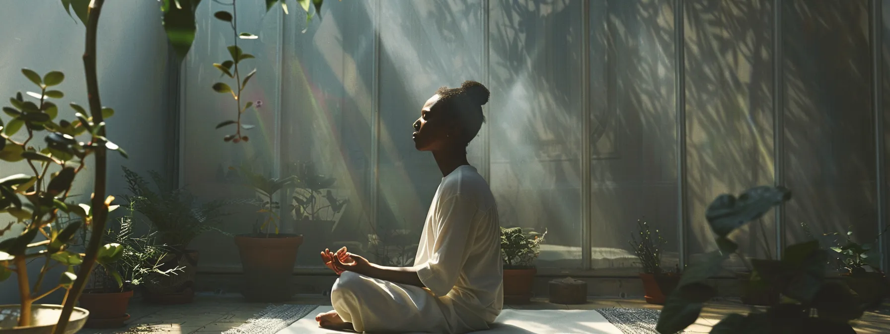 a person sitting peacefully with closed eyes, practicing heart-focused breathing in a calm and serene environment.