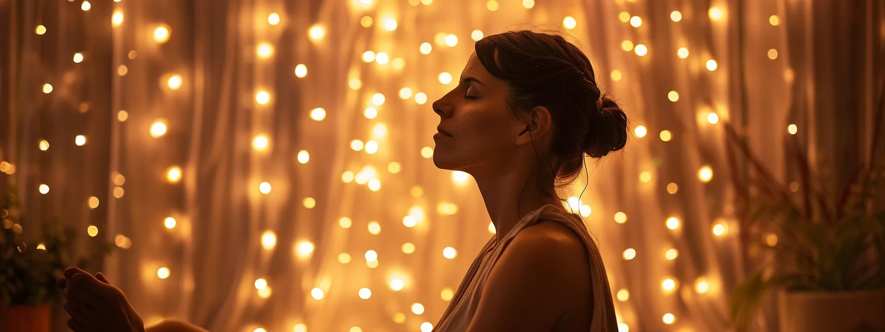 a person sitting serenely with closed eyes, surrounded by soft glowing lights to enhance their guided meditation for heart coherence practice.