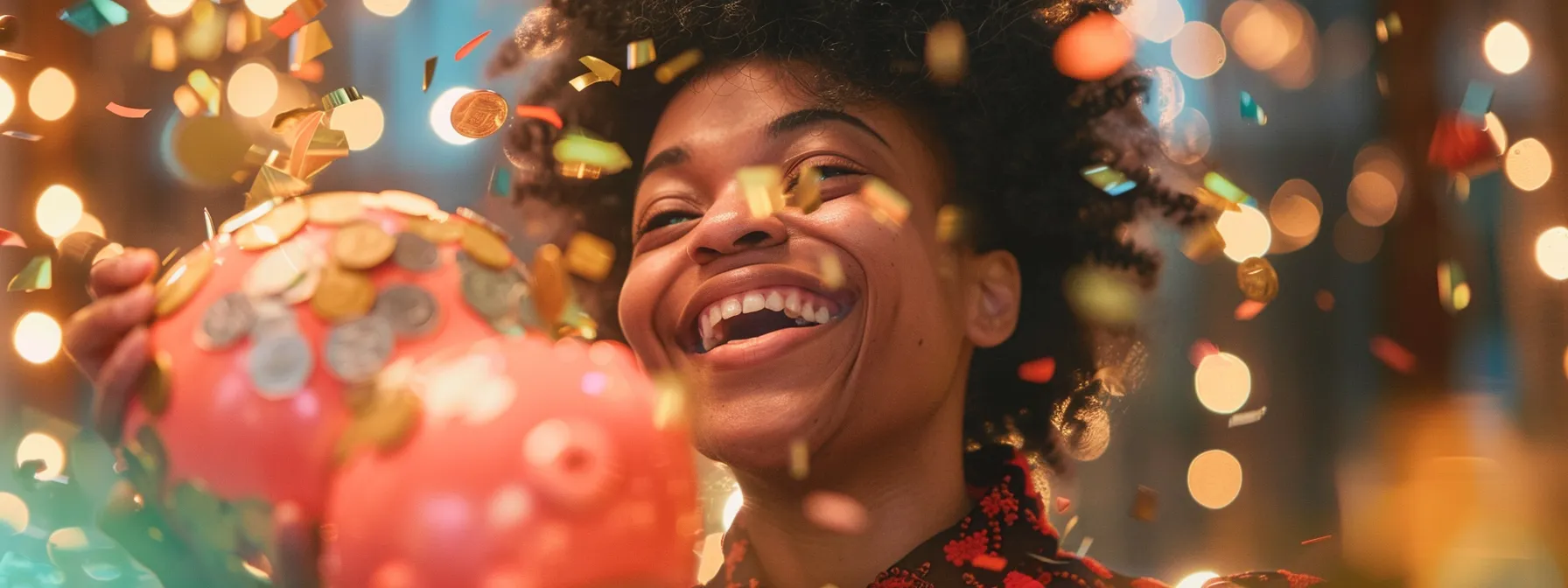 a person smiling and holding a piggy bank filled with coins, surrounded by confetti, representing celebrating financial milestones.