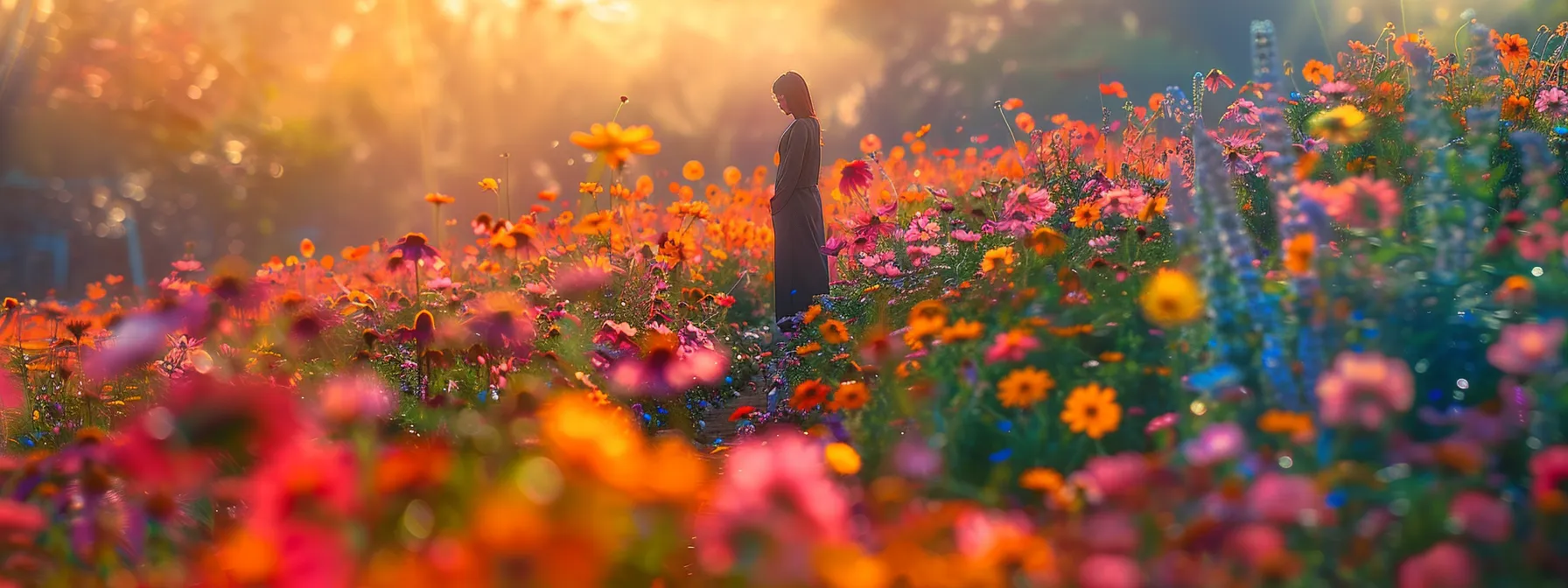 a person standing amidst a field of vibrant blooming flowers, embodying the power of positive thoughts and financial abundance through the law of attraction.