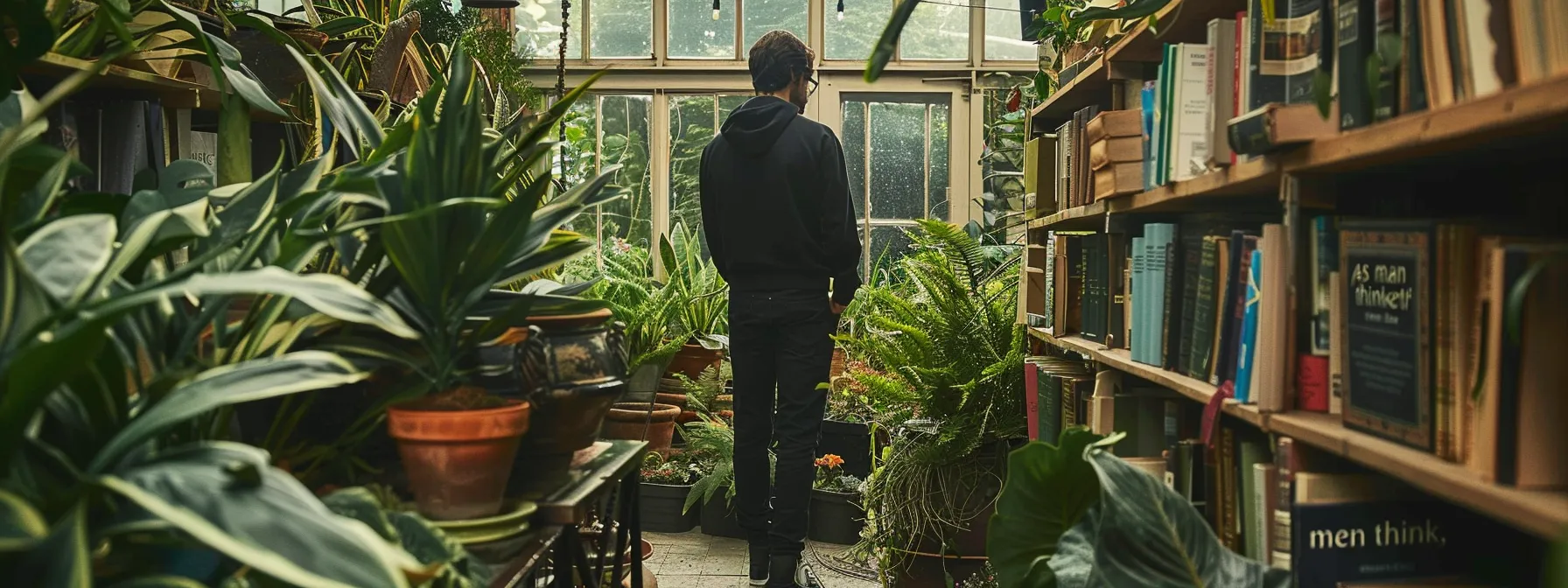 a person standing amidst a lush garden, surrounded by books titled 