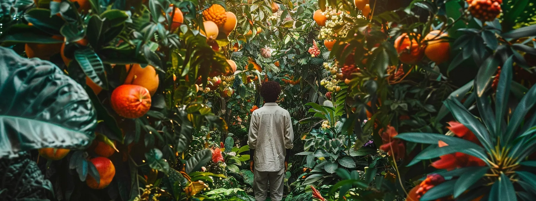 a person standing amidst a lush garden overflowing with fruits, flowers, and wealth, embodying the essence of abundance and prosperity.