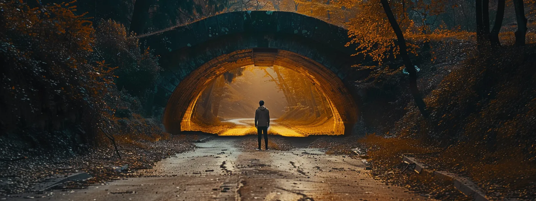 a person standing at a crossroads, with one path leading towards a dimly lit tunnel representing limiting beliefs and the other path leading towards a bright, open road symbolizing a positive attitude towards wealth and prosperity.