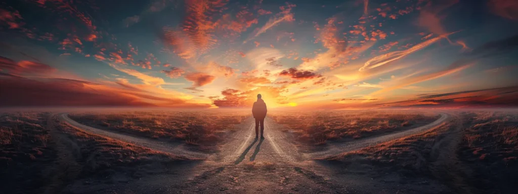 a person standing at a crossroad, with one path leading to darkness and the other to a bright sunrise, symbolizing the choice between staying in their comfort zone or embracing change and growth.